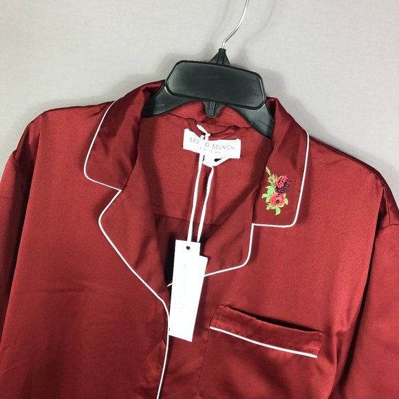 BED TO BRUNCH Satin Embroidered Rose Sleep Shirt Dress Size Small - Picture 2 of 10
